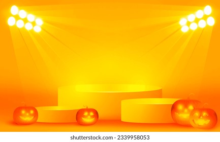 Bright stadium neon lights orange Halloween podium background, purple podium three step with pumpkin funny face for product display, Vector illustration