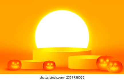 Bright stadium neon lights orange Halloween podium background, purple podium three step with pumpkin funny face for product display, Vector illustration
