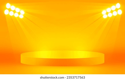 Bright stadium neon lights orange abstract room with circle and square glowing neon lamp lighting Stage for showcase. vector design.