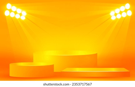 Bright stadium neon lights orange abstract room with circle and square glowing neon lamp lighting Stage for showcase. vector design.