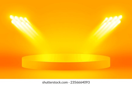 Bright stadium neon lights orange abstract room with circle and square glowing neon lamp lighting Stage for showcase. vector design.