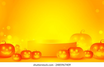 Bright stadium neon lights orange Halloween podium background, purple podium three step with pumpkin funny face for product display, Vector illustration