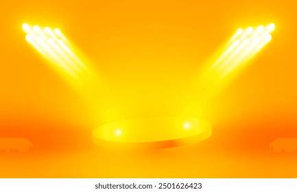 Bright stadium neon lights orange abstract room with circle glowing neon lamp lighting Stage for showcase. vector design.
