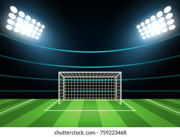 Bright Stadium Spotlights and Football Field Card Background. Vector illustration of Soccer Game Arena for Sport and Active Leisure