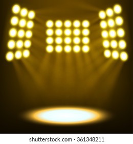 Bright stadium spotlights on dark yellow background