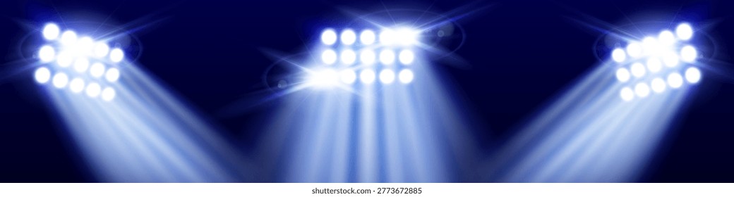 Bright stadium spotlights realistic vector illustration. Light beams in night sky, professional show equipment, dramatic concert stage atmosphere with glowing effects