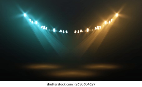 Luz de palco brilhante com feixes mornos amarelo-azul em um fundo escuro. Ideal para o design visual de concertos, promos de teatro ou jogos de entretenimento moderno.