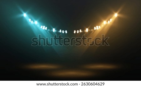 Bright stage light spotlight with warm yellow-blue beams on a dark background. Ideal for the visual design of concerts, theater promos or modern entertainment sets.