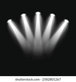 Bright stage lights shine in a dark space. Five spotlights create a dramatic effect. Stage lights illuminate, casting focused beams. Perfect for theater scenes. Light effect vector.