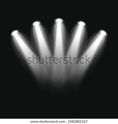 Bright stage lights shine in a dark space. Five spotlights create a dramatic effect. Stage lights illuminate, casting focused beams. Perfect for theater scenes. Light effect vector.