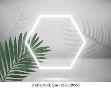 Bright stage with neon frame and palm leaves. 3d vector illustration