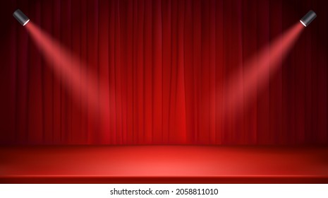 Bright stage with red curtains and spotlights. 3D style realistic vector illustration