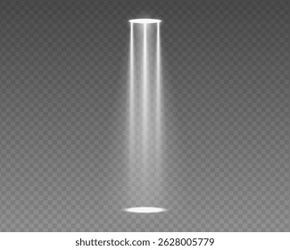 Bright stage spotlight beam with realistic glow on dark background. Vector illustration for concert lighting, nightclub scenes or party events. Neon effect with glitter and sparkling flare.