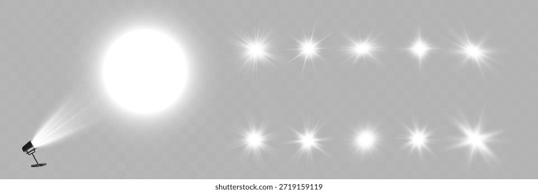 Proyector de escenario brillante que proyecta un Grande resplandor blanco circular con vigas suaves sobre fondo transparente.