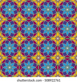 Bright stained glass background. Colorful kaleidoscope seamless pattern with decorative round ornaments. Floral motif. Ornamental vivid wallpaper. Vector illustration