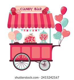 A bright stall with cotton candy, sweets, sweets. A candy stall with goods and balloons. Illustrated vector clipart.