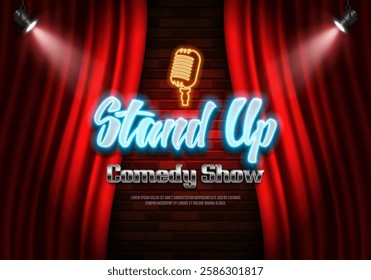 Bright Stand Up sign on red curtain background illuminated by spotlights. Vector illustration.