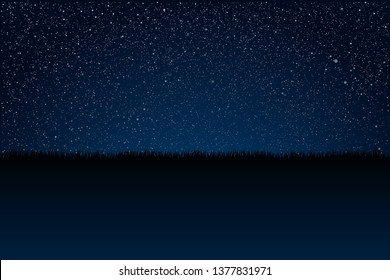 Bright star in blue dark night sky. Starry nights and grass with bright, shinny stars, dots, points. Universe, cosmos, outer space. Background, banner, wallpaperm card, backdrop vector illustration.
