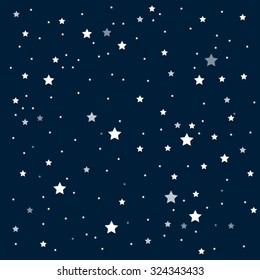 Bright star in blue dark night sky. Starry nights with bright, shinny stars, dots, points. Universe, cosmos, outer space. Background, banner, wallpaperm card, backdrop vector illustration.