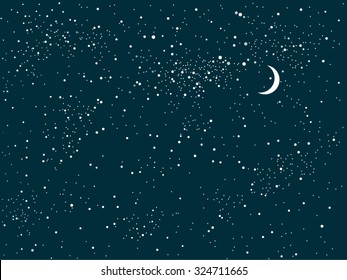 Bright star in blue dark night sky. Starry nights with bright, shinny stars, dots, points. Universe, cosmos, outer space. Background, banner, wallpaperm card, backdrop vector illustration.