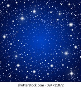 Bright star in blue dark night sky. Starry nights with bright, shinny stars, dots, points. Universe, cosmos, outer space. Background, banner, wallpaperm card, backdrop vector illustration.