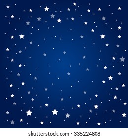 Bright star in blue dark night sky. Starry nights with bright, shinny stars, dots, points. Universe, cosmos, outer space. Background, banner, wallpaperm card, backdrop vector illustration.