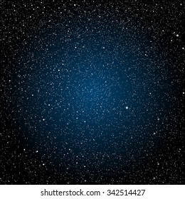 Bright star in blue dark night sky. Starry nights with bright, shinny stars, dots, points. Universe, cosmos, outer space. Background, banner, wallpaperm card, backdrop vector illustration.