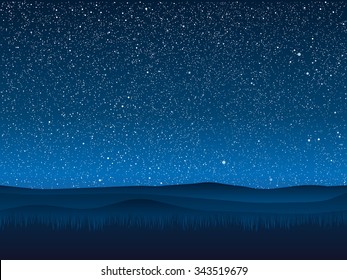 Bright star in blue dark night sky. Starry nights and grass with bright, shinny stars, dots, points. Universe, cosmos, outer space. Background, banner, wallpaperm card, backdrop vector illustration.