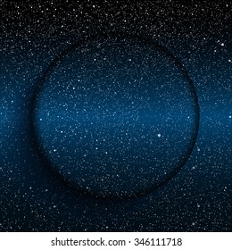 Bright star in blue dark night sky. Starry nights with bright, shinny stars, dots, points. Universe, cosmos, outer space. Circle background, banner, wallpaper, card, backdrop.