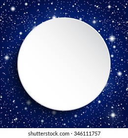 Bright star in blue dark night sky. Starry nights with bright, shinny stars, dots, points. Universe, cosmos, outer space. Circle background, banner, wallpaper, card, backdrop.