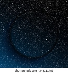 Bright star in blue dark night sky. Starry nights with bright, shinny stars, dots, points. Universe, cosmos, outer space. Circle background, banner, wallpaper, card, backdrop.