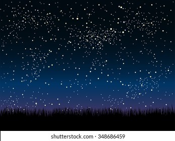 Bright star in blue dark night sky. Starry nights and grass with bright, shinny stars, dots, points. Universe, cosmos, outer space. Background, banner, wallpaperm card, backdrop vector illustration.