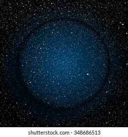 Bright star in blue dark night sky. Starry nights with bright, shinny stars, dots, points. Universe, cosmos, outer space. Circle background, banner, wallpaper, card, backdrop.