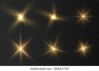 Bright Star. The star burst with brilliance. Yellow glowing light explodes on a transparent background. Golden Light effect. A flash of sunshine with rays. Yellow sun rays. Vector illustration.