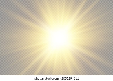 Bright Star. The star burst with brilliance. Yellow glowing light explodes on a transparent background. Golden Light effect. A flash of sunshine with rays. Yellow sun rays. Vector illustration.