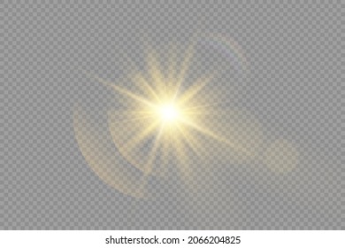 Bright Star. The star burst with brilliance. Yellow glowing light explodes on a transparent background. Golden Light effect. A flash of sunshine with rays. Yellow sun rays. Vector illustration.