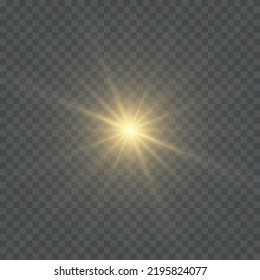 Bright Star. The star burst with brilliance. Yellow glowing light explodes on a transparent background. Golden Light effect. A flash of sunshine with rays. Yellow sun rays. Vector illustration,EPS 10.