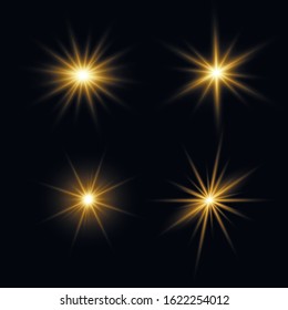 Bright Star. To center a bright flash. Yellow glowing light explodes on a transparent background. Sparkling magical dust particles. Transparent shining sun, bright flash. Vector sparkles. 