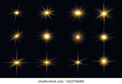 Bright Star. To center a bright flash. Yellow glowing light explodes on a transparent background. Sparkling magical dust particles. Transparent shining sun, bright flash. Vector sparkles. 
