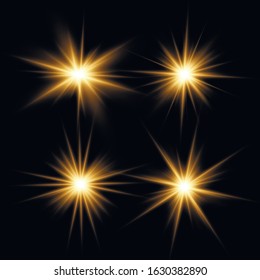 Bright Star. To center a bright flash. Yellow glowing light explodes on a transparent background. Sparkling magical dust particles. Transparent shining sun, bright flash. Vector sparkles.