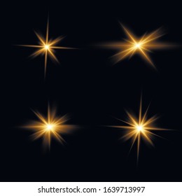 Bright Star. To center a bright flash. Yellow glowing light explodes on a transparent background. Sparkling magical dust particles. Transparent shining sun, bright flash. Vector sparkles.