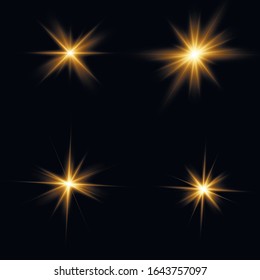 Bright Star. To center a bright flash. Yellow glowing light explodes on a transparent background. Sparkling magical dust particles. Transparent shining sun, bright flash. Vector sparkles.