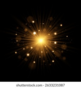 Bright star effect with glares bokeh around isolated on black background. Golden sparkling flash with dynamic rays and flying dust. Magic explosion in the dark. Vector illustration