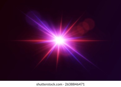 Bright star flash with glowing rays and lens effects. Magic light effect.