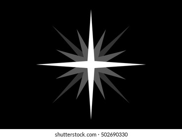 Bright star with four rays, sparkling light - additional rays visible, white on black 