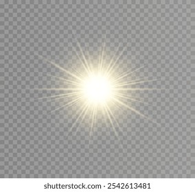 Bright star glow, glowing light on transparent background, sun rays, golden light effect, sunlight flash with rays, illustration.