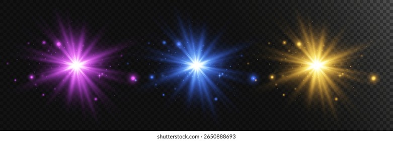 Luz brilhante de estrela. Efeito de luz especial amarelo brilhante azul e roxo. Vetor.