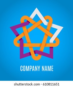 Bright star icon logo template. Oriental and celtic star knots or abstract geometry design elements isolated on blue background. Vector illustration