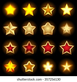 Bright star Icons set on black background Isolated vector illustrations.