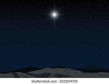 The bright star in night sky and desert scenery. Graphic vector